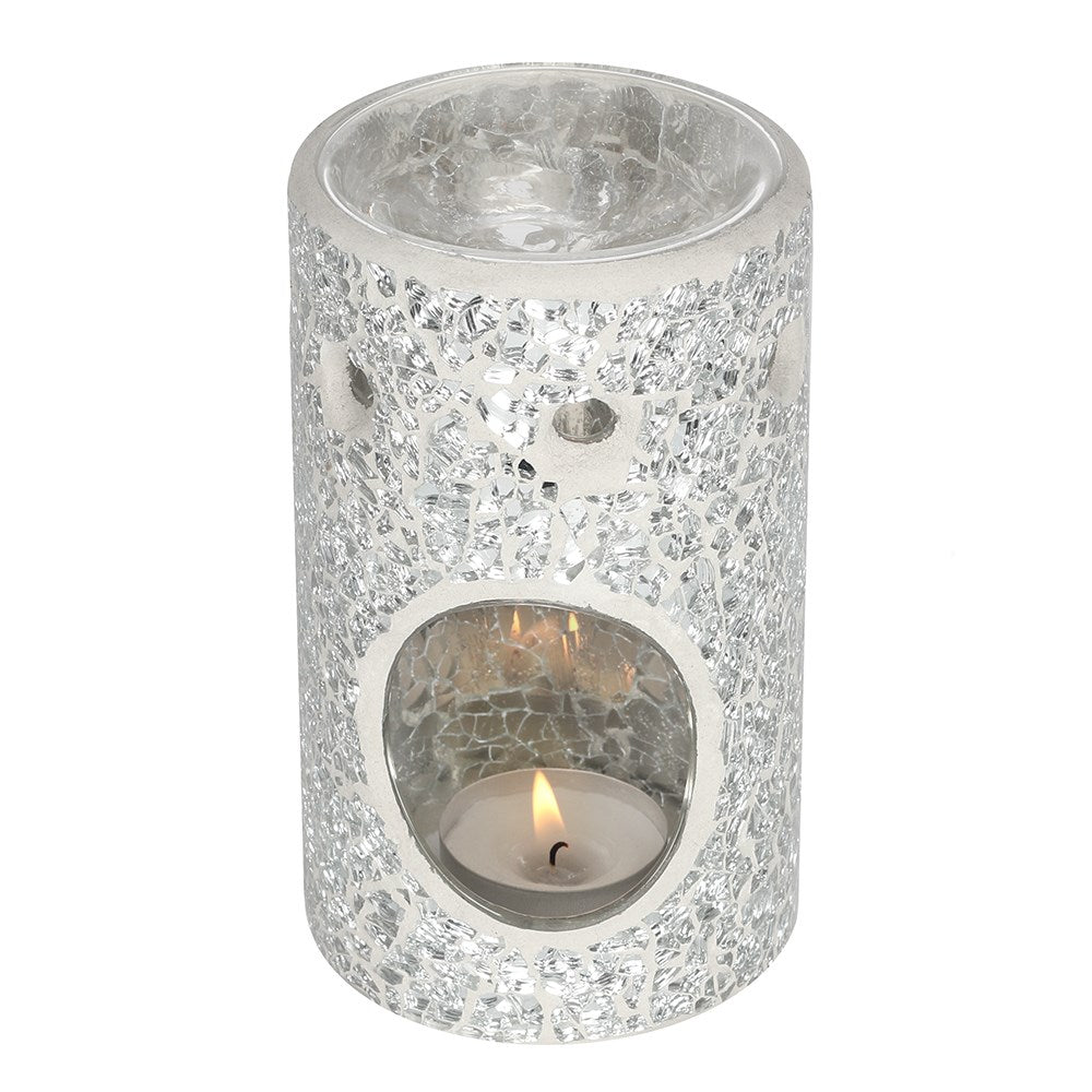 SILVER PILLAR CRACKLE GLASS OIL BURNER & WAX WARMER