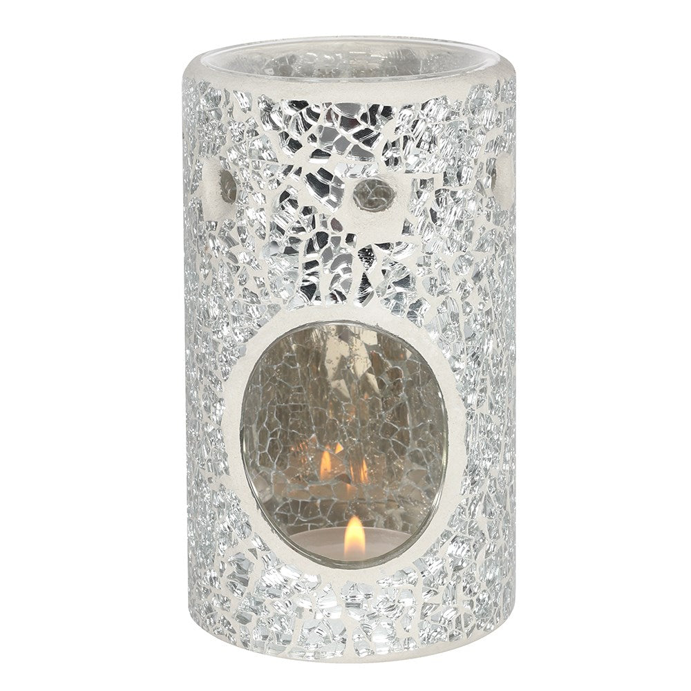 SILVER PILLAR CRACKLE GLASS OIL BURNER & WAX WARMER